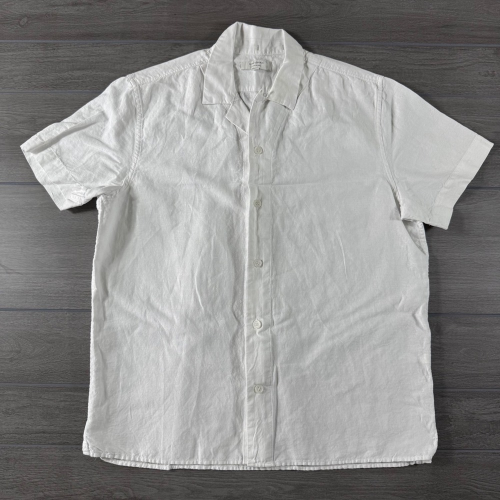 Banana Republic Mens White Linen Cotton Blend Short Sleeve Camp Collar Shirt L
